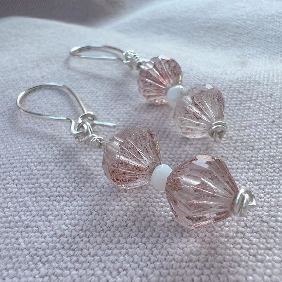 Handmade sterling silver champagne pink beaded earrings - Picture 2 of 4